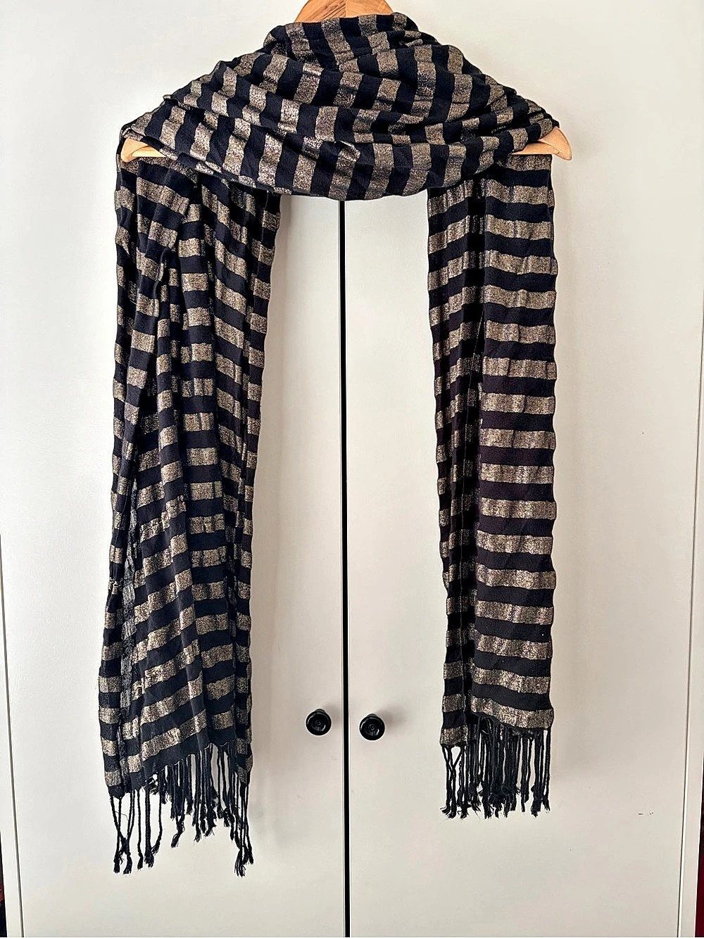 INC International Concepts Striped Fringe Scarf in Black & Gold - Picture 2 of 6